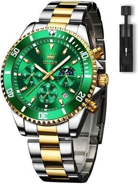 Men's Green Premium Silver and Gold Stainless Analog Rotatable Date Steel Watch